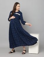 Navy blue pintucked Maternity & nursing dress