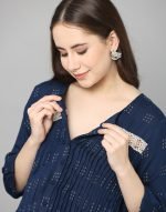 Navy blue pintucked Maternity & nursing dress - Image 2