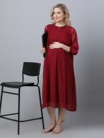 Maroon georgette dobby Maternity & nursing dress - Image 3