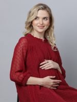 Maroon georgette dobby Maternity & nursing dress - Image 4