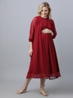 Maroon georgette dobby Maternity & nursing dress - Image 7