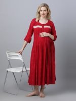 Maroon pintucked Maternity & nursing dress
