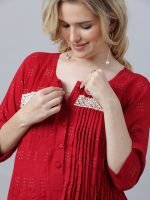 Maroon pintucked Maternity & nursing dress - Image 3