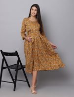Mustard floral wrap-around Maternity & nursing dress