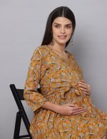 Mustard floral wrap-around Maternity & nursing dress - Image 2