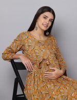 Mustard floral wrap-around Maternity & nursing dress - Image 3