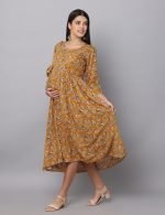 Mustard floral wrap-around Maternity & nursing dress - Image 4