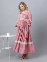 Peach flared sleeves with lace Maternity & nursing dress - Image 5