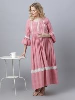 Peach flared sleeves with lace Maternity & nursing dress - Image 6