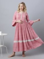 Peach flared sleeves with lace Maternity & nursing dress