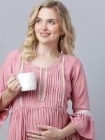 Peach flared sleeves with lace Maternity & nursing dress - Image 3