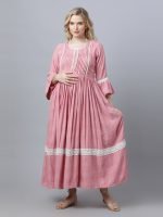 Peach flared sleeves with lace Maternity & nursing dress - Image 7