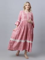 Peach flared sleeves with lace Maternity & nursing dress - Image 4