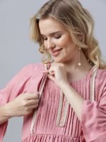 Peach flared sleeves with lace Maternity & nursing dress - Image 2