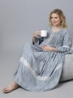 Grey flared sleeves with lace Maternity & nursing dress - Image 4