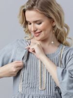 Grey flared sleeves with lace Maternity & nursing dress - Image 2