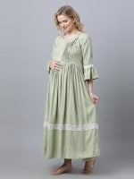 Pista green flared sleeves with lace Maternity & nursing dress - Image 5
