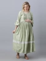 Pista green flared sleeves with lace Maternity & nursing dress - Image 4