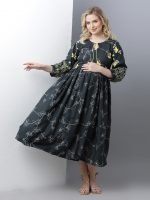 Dark grey slub rayon printed Maternity & nursing dress