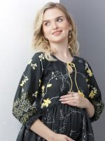 Dark grey slub rayon printed Maternity & nursing dress - Image 3