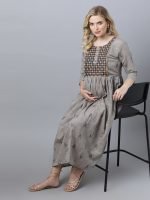 Dobby grey cotton embroidery Maternity & nursing dress - Image 5