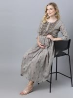 Dobby grey cotton embroidery Maternity & nursing dress - Image 4