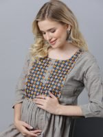 Dobby grey cotton embroidery Maternity & nursing dress - Image 3