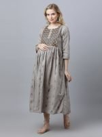 Dobby grey cotton embroidery Maternity & nursing dress - Image 7