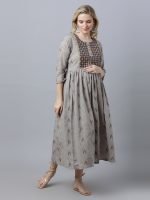 Dobby grey cotton embroidery Maternity & nursing dress - Image 8