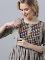 Dobby grey cotton embroidery Maternity & nursing dress - Image 2