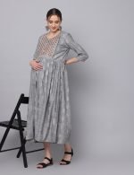 Dobby grey cotton mirror embroidery Maternity & nursing dress