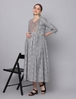 Dobby grey cotton mirror embroidery Maternity & nursing dress - Image 4