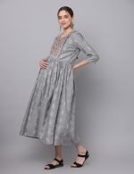 Dobby grey cotton mirror embroidery Maternity & nursing dress - Image 5