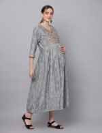 Dobby grey cotton mirror embroidery Maternity & nursing dress - Image 6