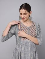 Dobby grey cotton mirror embroidery Maternity & nursing dress - Image 2