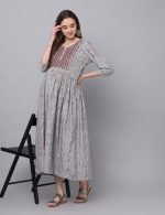 Dobby grey cotton embroidery Maternity & nursing dress