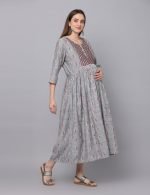 Dobby grey cotton embroidery Maternity & nursing dress - Image 4