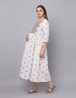 Dobby white cotton DIAMOND embroidery Maternity & nursing dress - Image 4