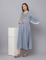 Grey rayon embroidery Maternity & nursing dress
