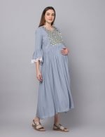 Grey rayon embroidery Maternity & nursing dress - Image 5
