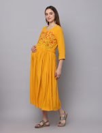Mustard garden embroidery Maternity & nursing dress - Image 5
