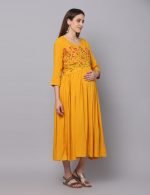 Mustard garden embroidery Maternity & nursing dress - Image 4