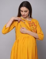 Mustard garden embroidery Maternity & nursing dress - Image 2