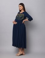 Peacock blue garden embroidery Maternity & nursing dress - Image 5