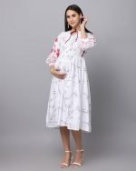 White slub rayon printed Maternity & nursing dress - Image 4