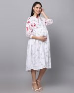 White slub rayon printed Maternity & nursing dress - Image 3