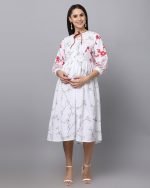 White slub rayon printed Maternity & nursing dress