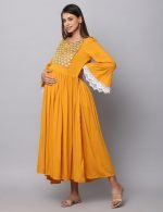 Yellow rayon embroidery Maternity & nursing dress - Image 2