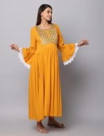 Yellow rayon embroidery Maternity & nursing dress - Image 6