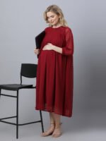 Maroon georgette dobby Maternity & nursing dress